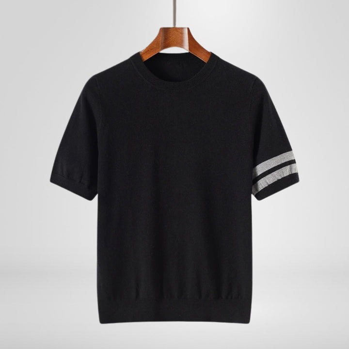 Mens Knitted Crewneck Jumper Striped Sleeve Cotton Knitwear