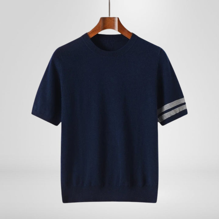 Mens Knitted Crewneck Jumper Striped Sleeve Cotton Knitwear