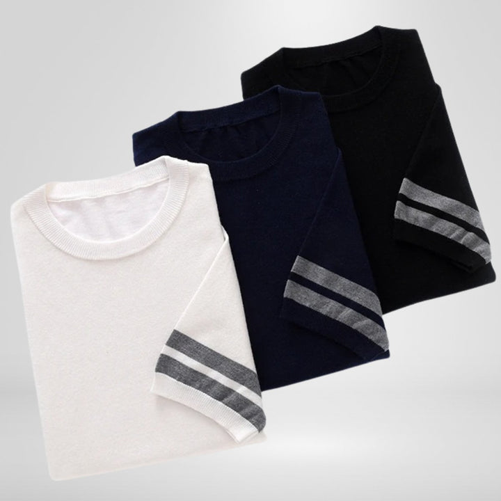 Mens Knitted Crewneck Jumper Striped Sleeve Cotton Knitwear