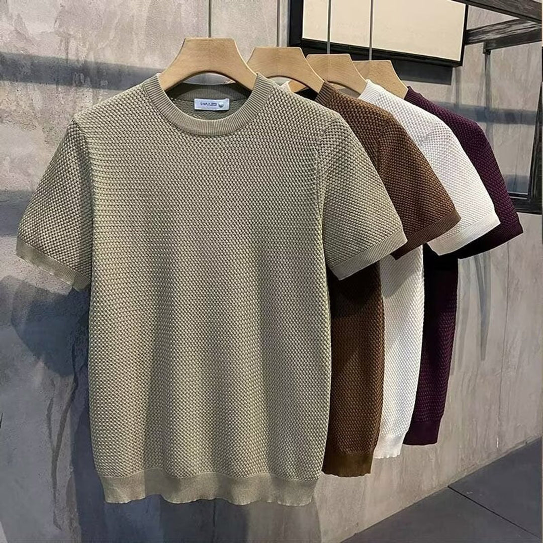 Mens Knitted Crewneck Jumper Textured Cotton Blend Relaxed Fit
