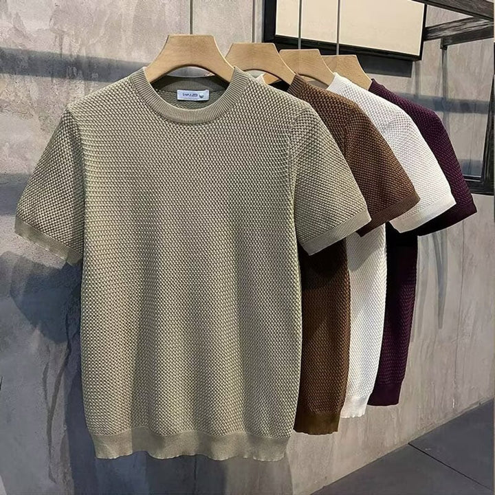 Mens Knitted Crewneck Jumper Textured Cotton Blend Relaxed Fit