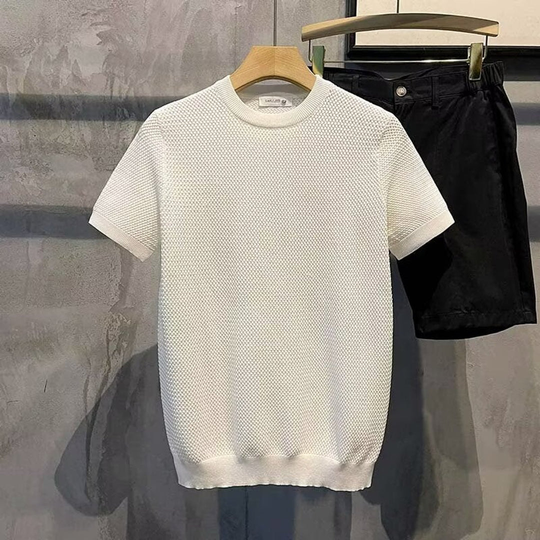 Mens Knitted Crewneck Jumper Textured Cotton Blend Relaxed Fit