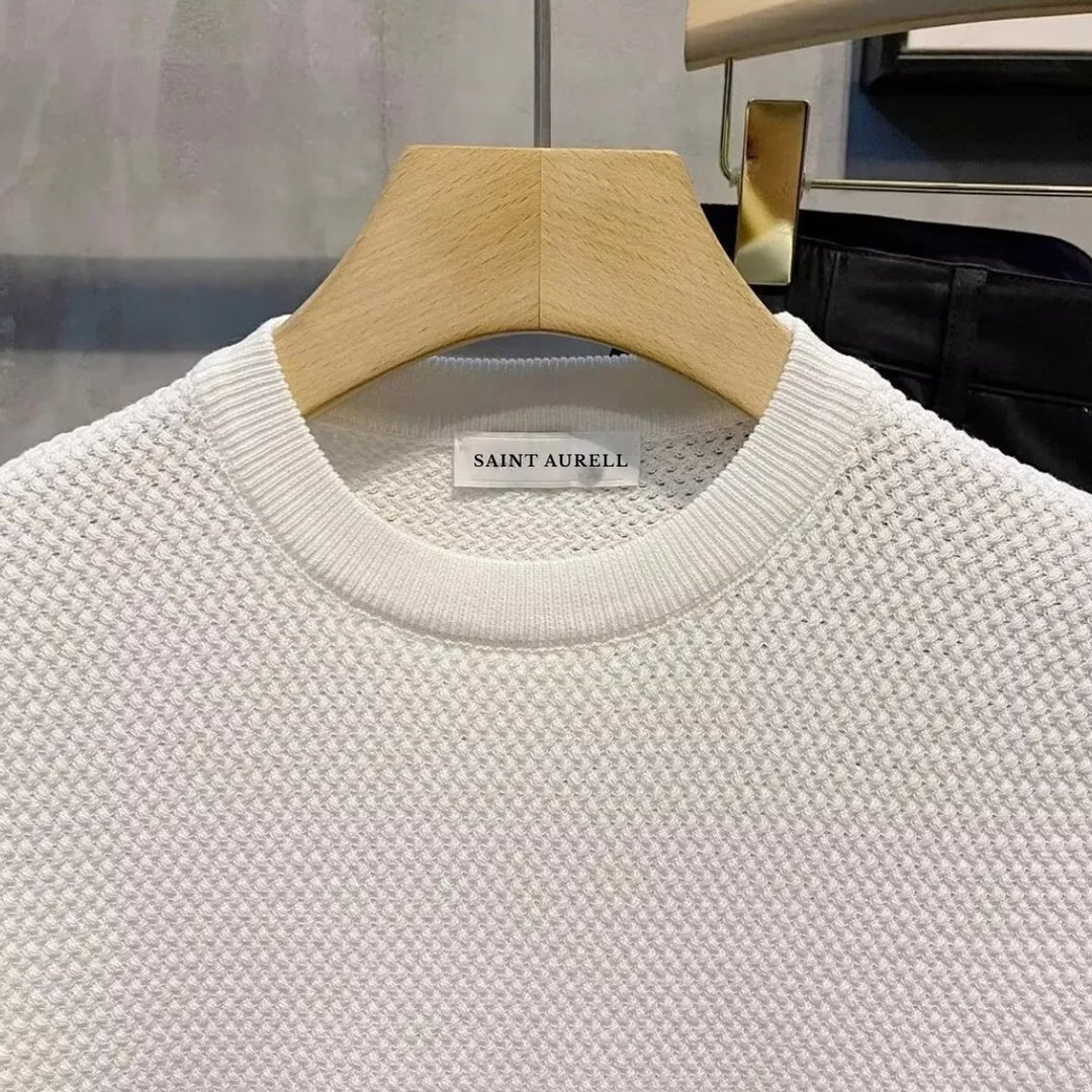 Mens Knitted Crewneck Jumper Textured Cotton Blend Relaxed Fit