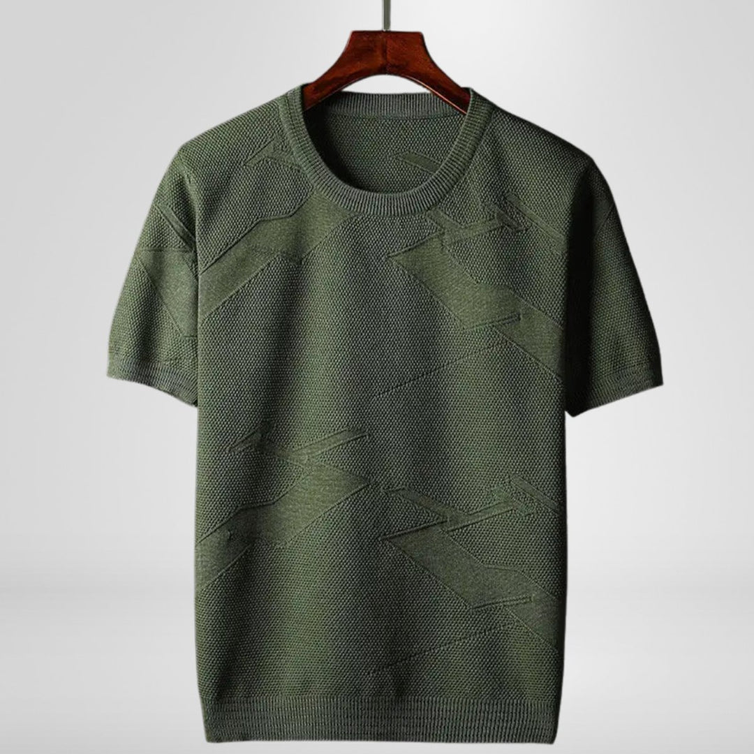Mens Knitted Crewneck Jumper Textured Cotton Blend Short Sleeve