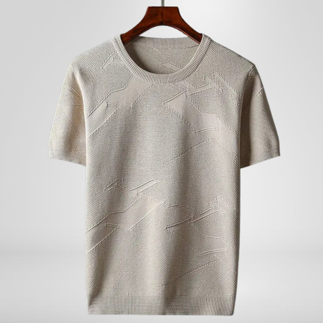 Mens Knitted Crewneck Jumper Textured Cotton Blend Short Sleeve