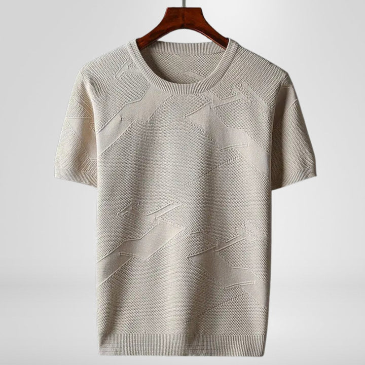 Mens Knitted Crewneck Jumper Textured Cotton Blend Short Sleeve