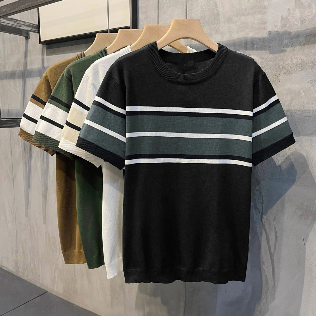 Mens Knitted Crewneck Striped Chest Jumper Short Sleeve