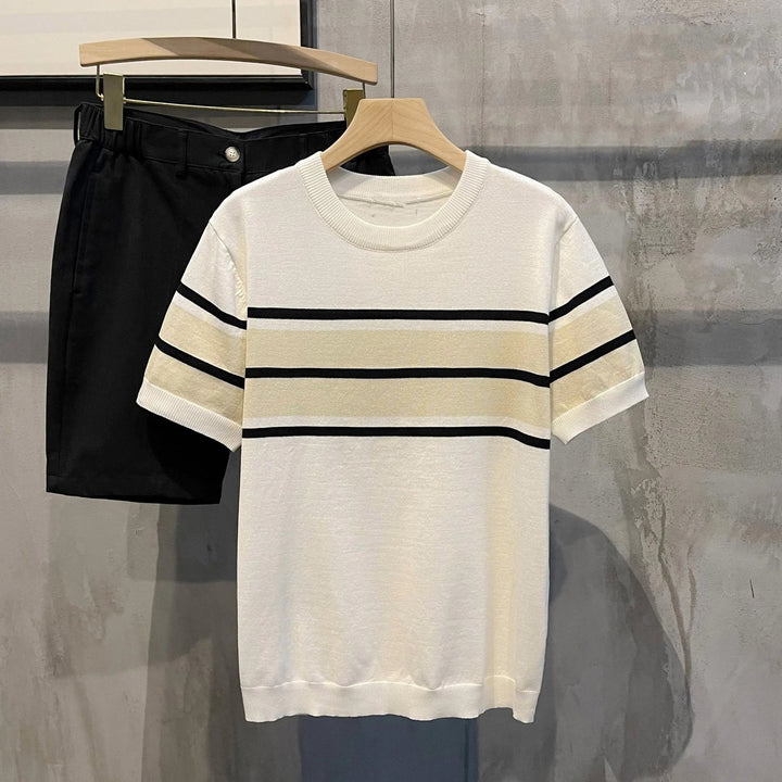 Mens Knitted Crewneck Striped Chest Jumper Short Sleeve