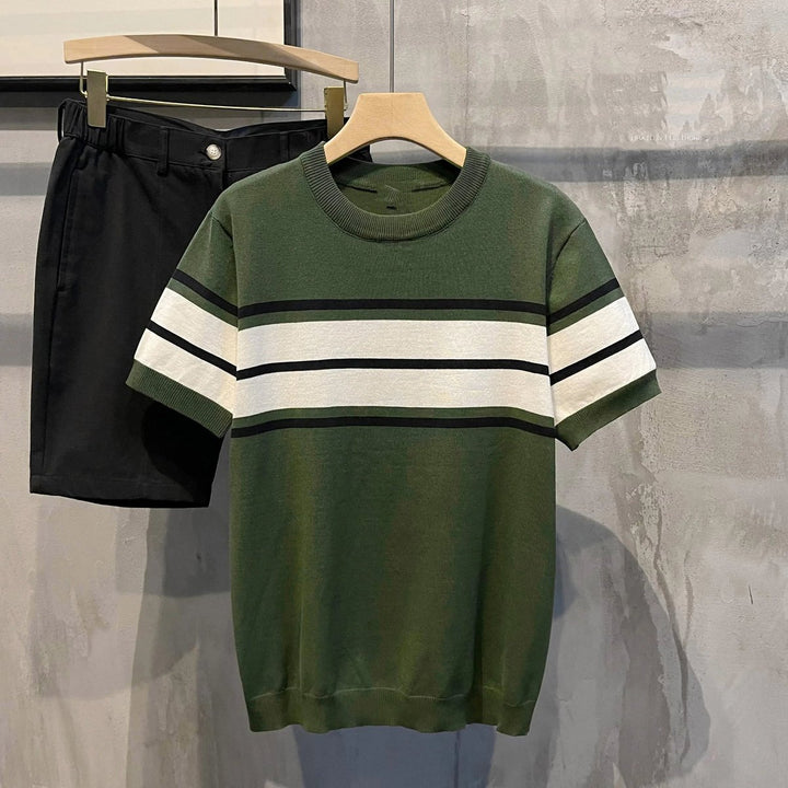 Mens Knitted Crewneck Striped Chest Jumper Short Sleeve