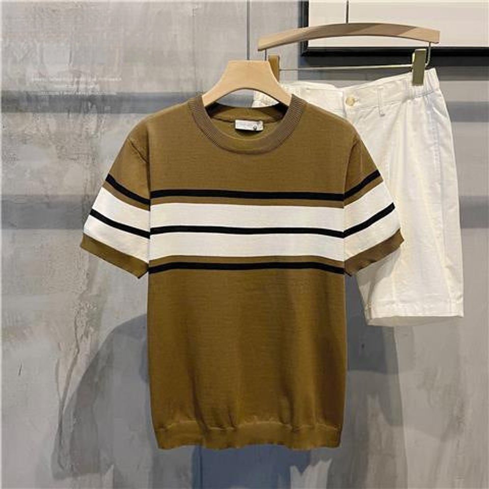 Mens Knitted Crewneck Striped Chest Jumper Short Sleeve
