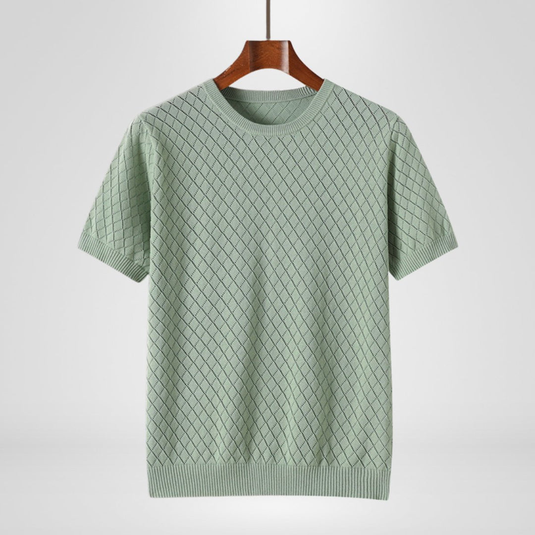 Mens Knitted Diamond-Stitch Crewneck Jumper Lightweight Cotton