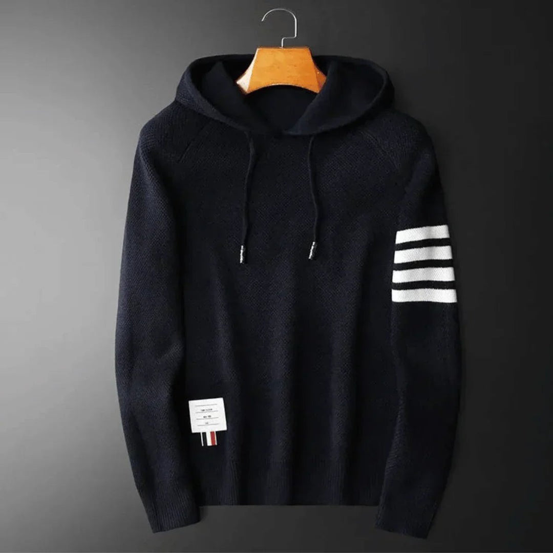 Mens Knitted Hoodie Jumper Ribbed Textured Stripe Sleeve Pullover