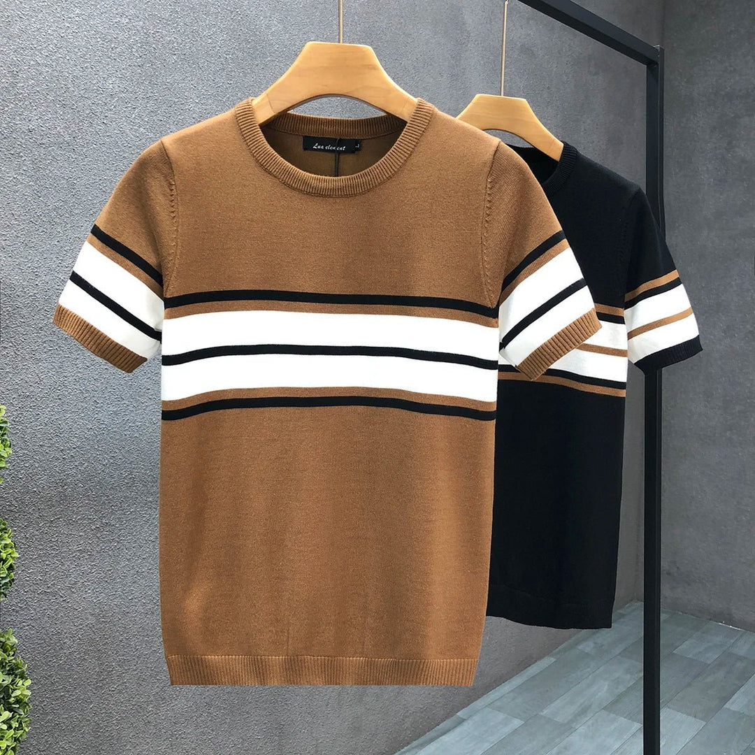Mens Knitted Jumper Retro Stripe Crewneck Pullover