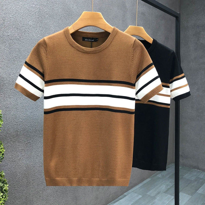 Mens Knitted Jumper Retro Stripe Crewneck Pullover
