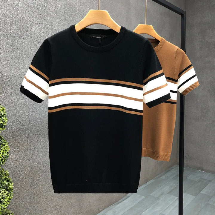 Mens Knitted Jumper Retro Stripe Crewneck Pullover