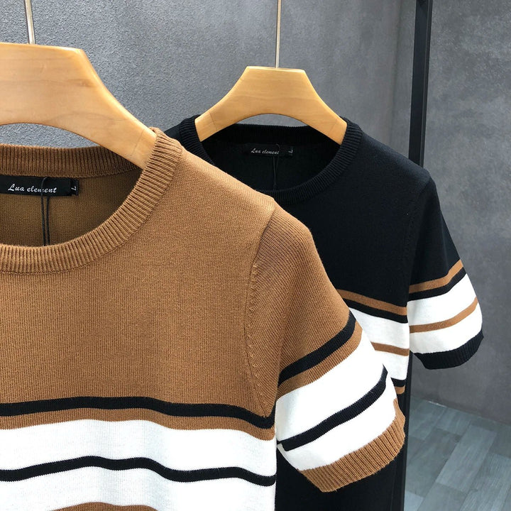 Mens Knitted Jumper Retro Stripe Crewneck Pullover