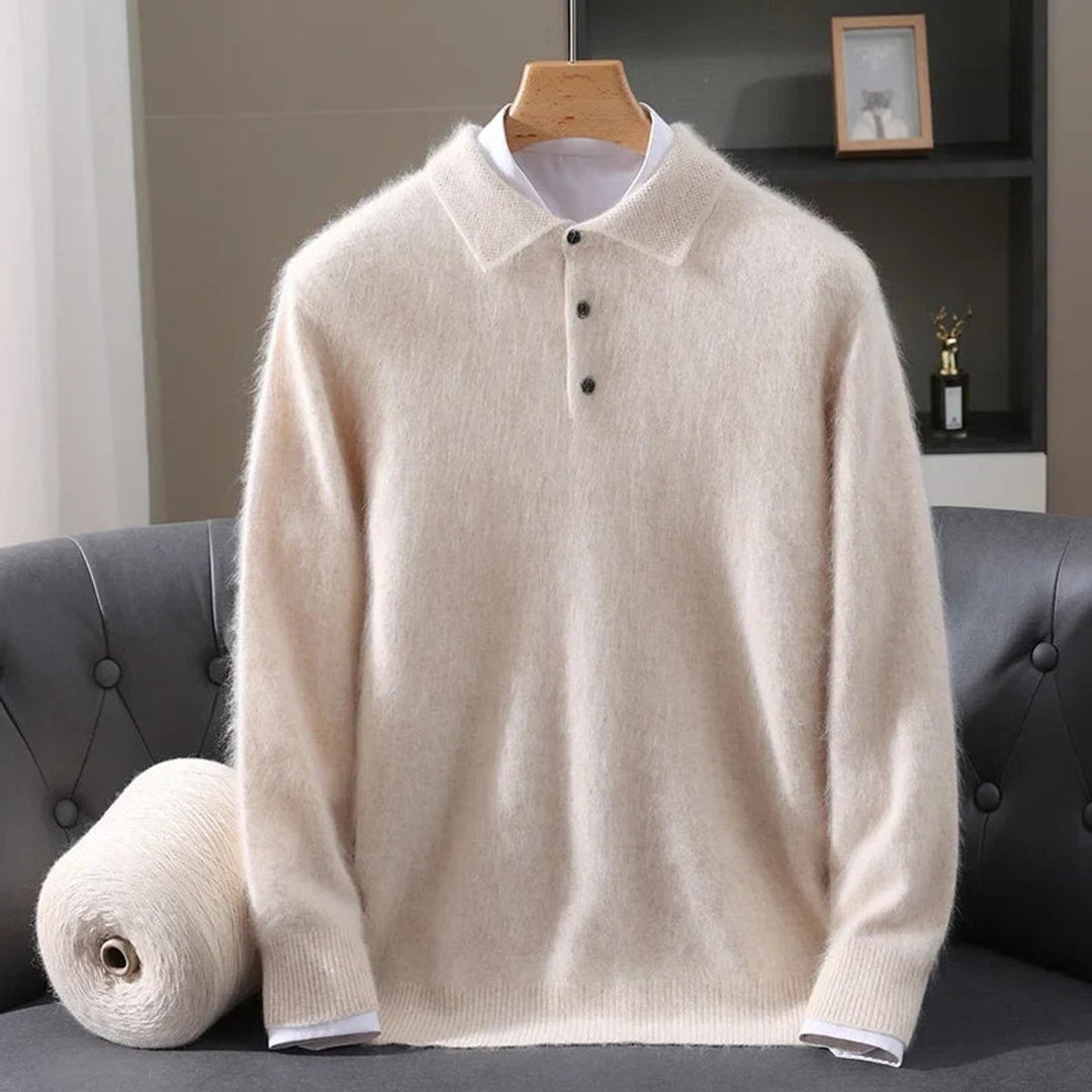Mens Knitted Polo Jumper Cashmere Mink Fluffy Long Sleeve Pullover