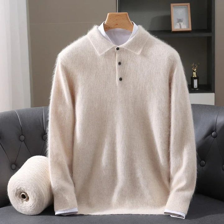 Mens Knitted Polo Jumper Cashmere Mink Fluffy Long Sleeve Pullover
