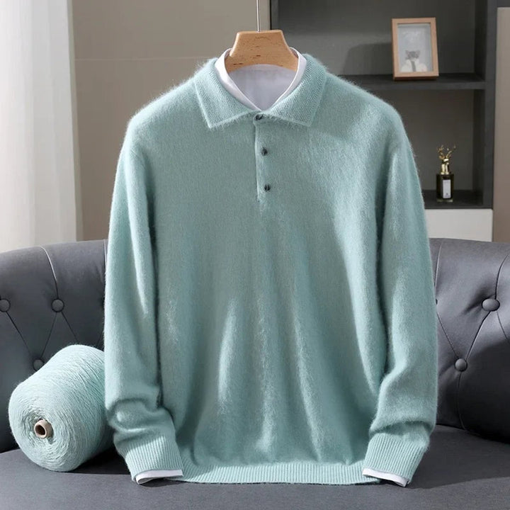 Mens Knitted Polo Jumper Cashmere Mink Fluffy Long Sleeve Pullover
