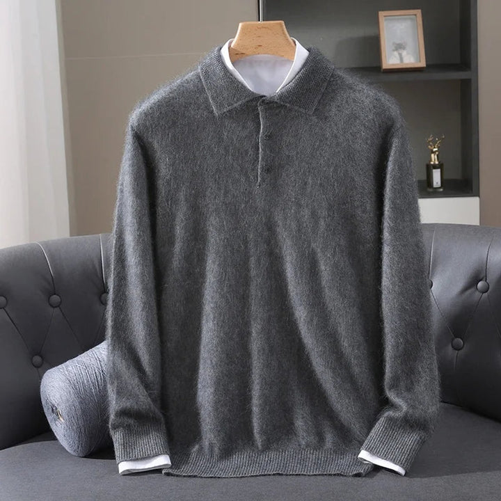 Mens Knitted Polo Jumper Cashmere Mink Fluffy Long Sleeve Pullover