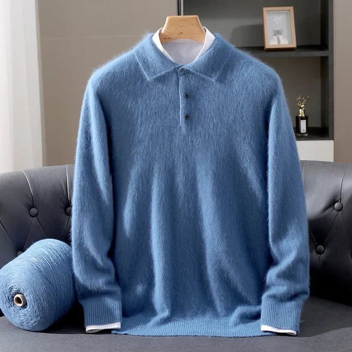 Mens Knitted Polo Jumper Cashmere Mink Fluffy Long Sleeve Pullover