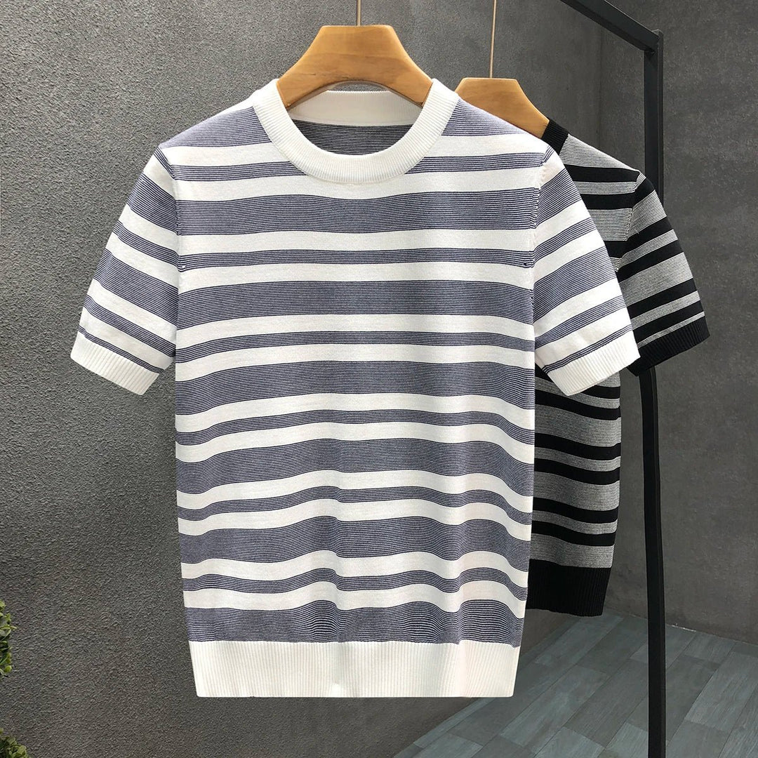 Mens Knitted Striped Crewneck Jumper Short Sleeve Cotton