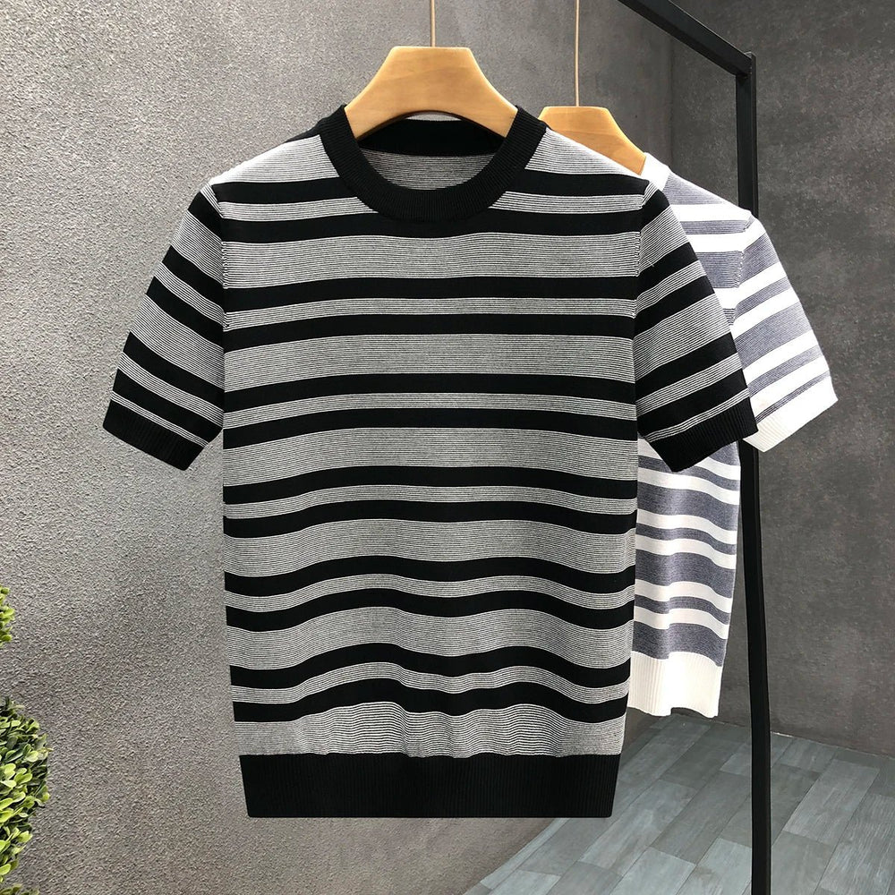 Mens Knitted Striped Crewneck Jumper Short Sleeve Cotton