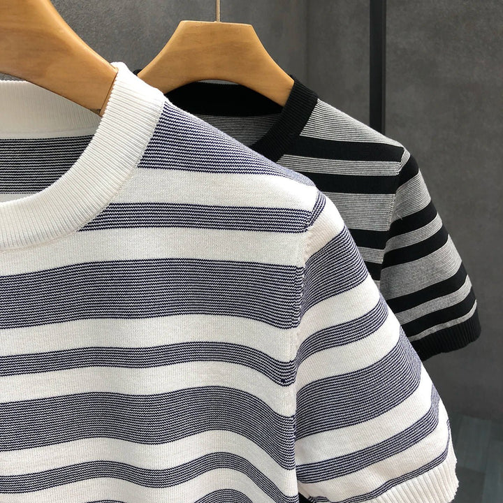 Mens Knitted Striped Crewneck Jumper Short Sleeve Cotton