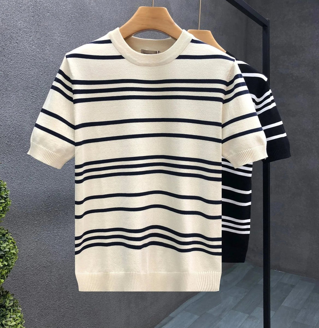 Mens Knitted Striped Crewneck Jumper Short Sleeve Cotton Knit Top