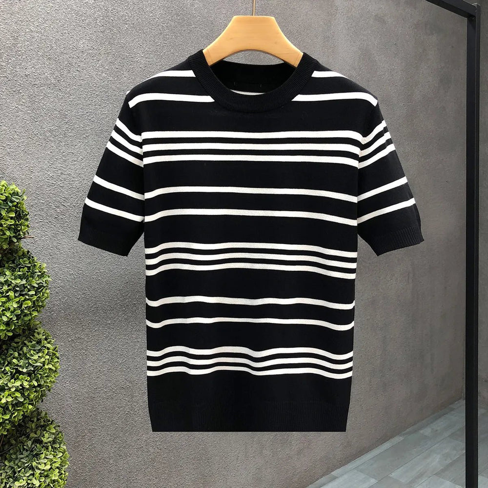 Mens Knitted Striped Crewneck Jumper Short Sleeve Cotton Knit Top