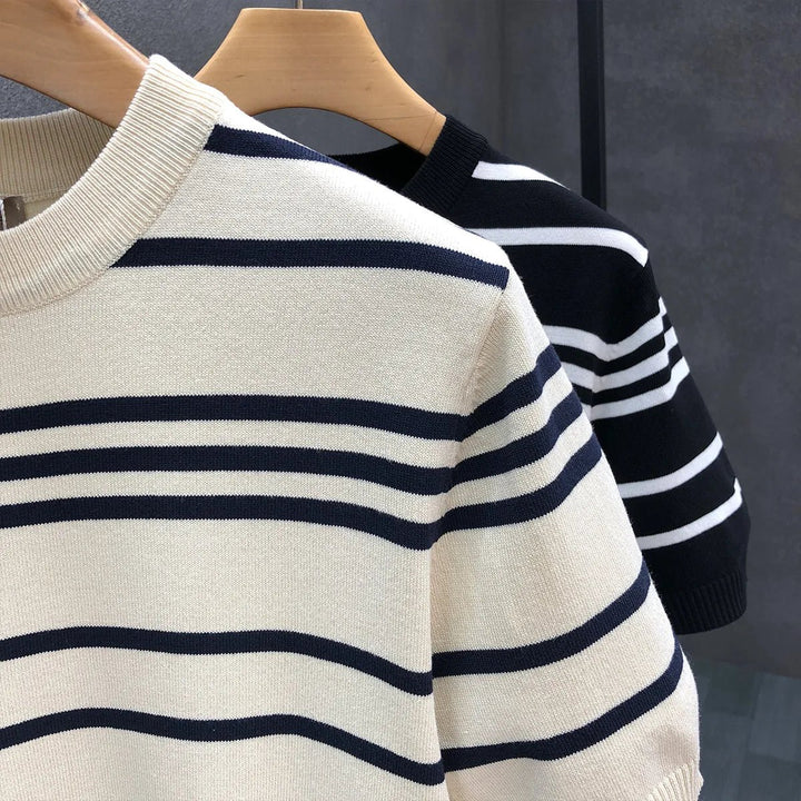 Mens Knitted Striped Crewneck Jumper Short Sleeve Cotton Knit Top