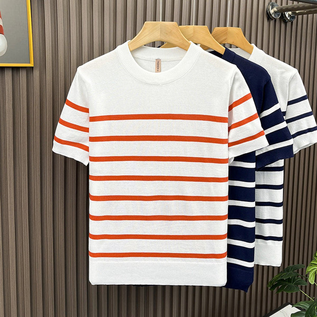 Mens Knitted Striped Crewneck Short Sleeve Jumper