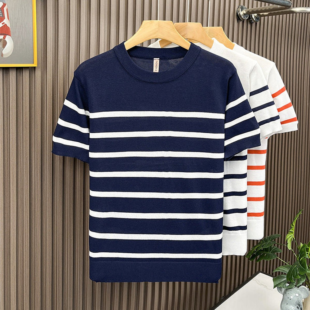 Mens Knitted Striped Crewneck Short Sleeve Jumper