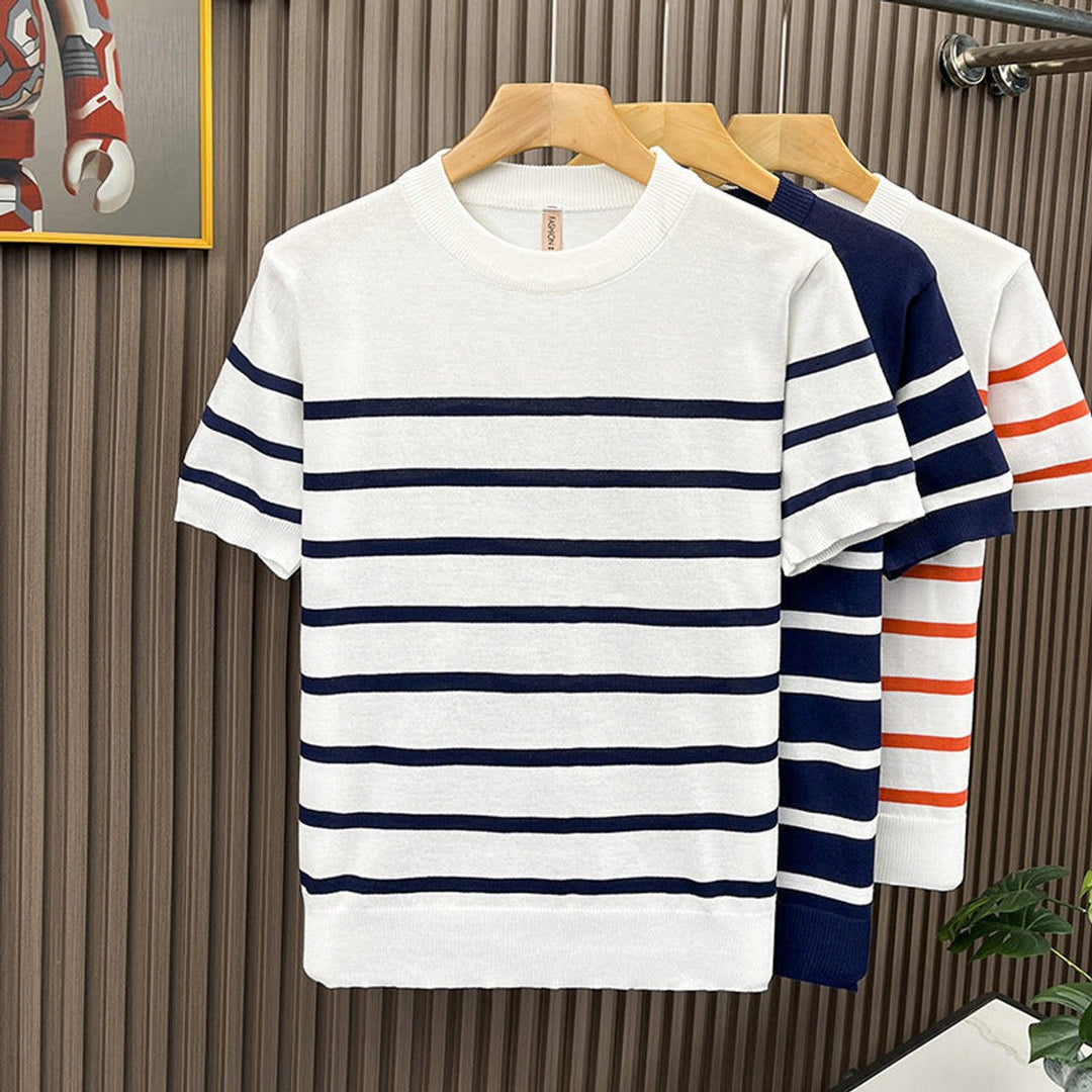 Mens Knitted Striped Crewneck Short Sleeve Jumper