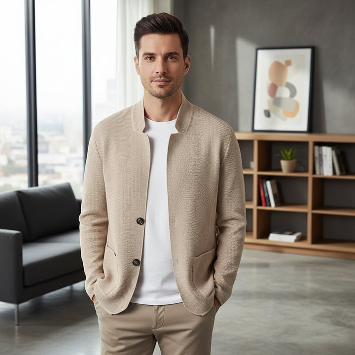 Men's Knitted Wool Cardigan Collarless Button-Up Jumper