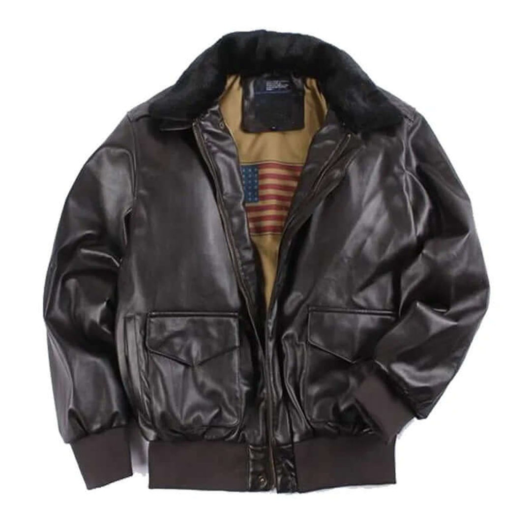 Men's Leather Bomber Jacket Shearling Collar Flight Coat