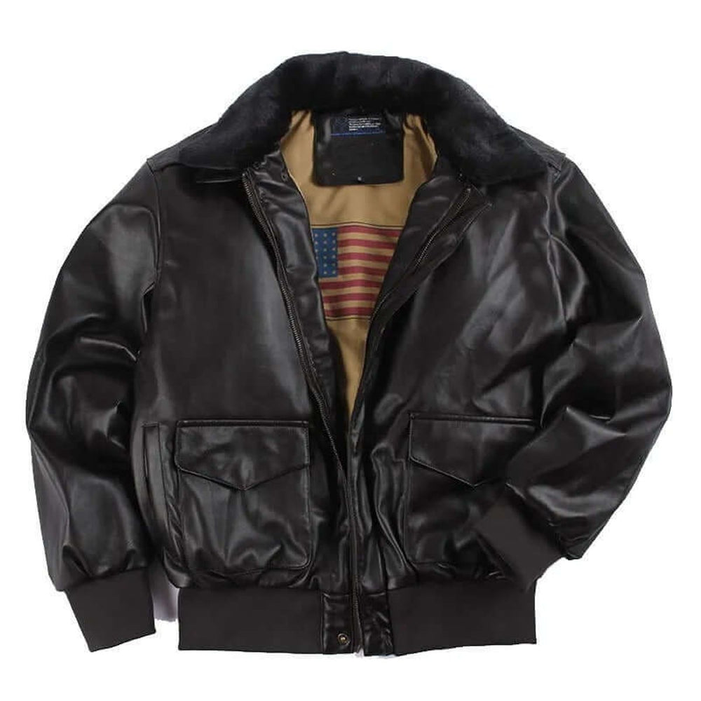 Men's Leather Bomber Jacket Shearling Collar Flight Coat