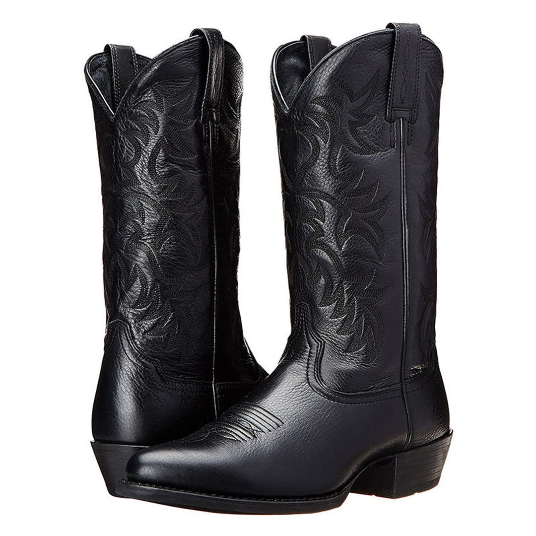 Men's Leather Knee-High Western Cowboy Boots Pointed Toe - Black