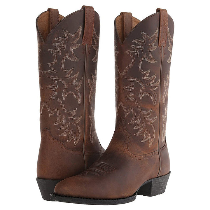 Men's Leather Knee-High Western Cowboy Boots Pointed Toe - Brand