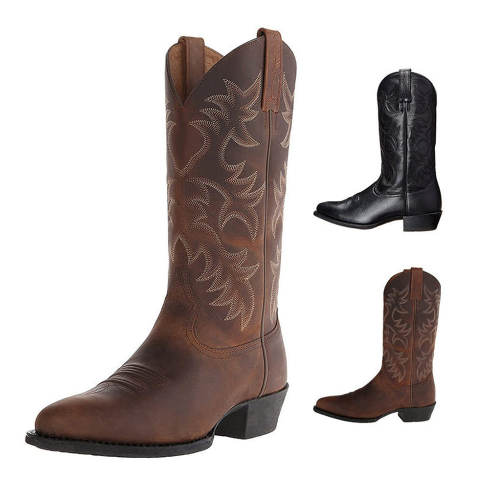 Men's Leather Knee-High Western Cowboy Boots Pointed Toe