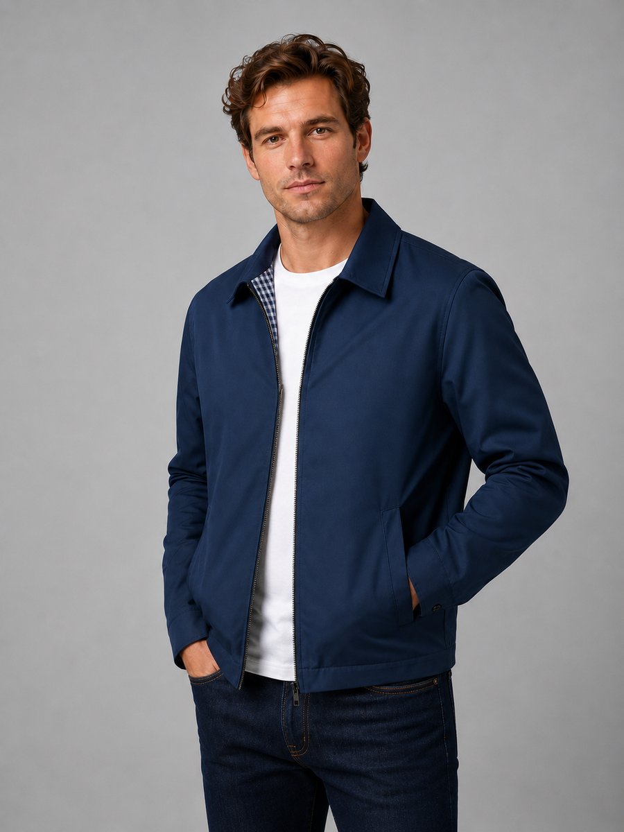 Men's Lightweight Smart Casual Zip-Up Bomber Jacket Checked Lining