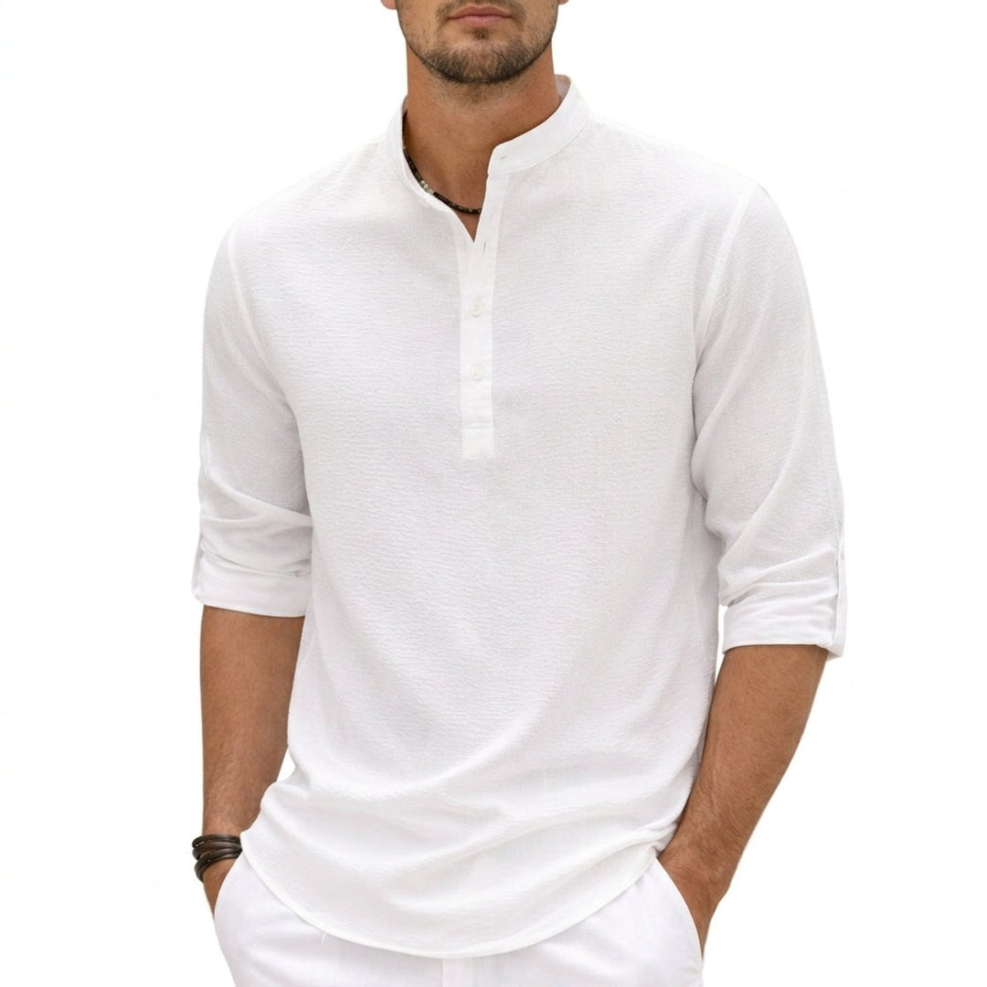 Men's Linen Henley Long-Sleeve Grandad Collar Shirt
