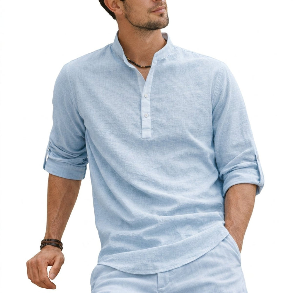 Men's Linen Henley Long-Sleeve Grandad Collar Shirt