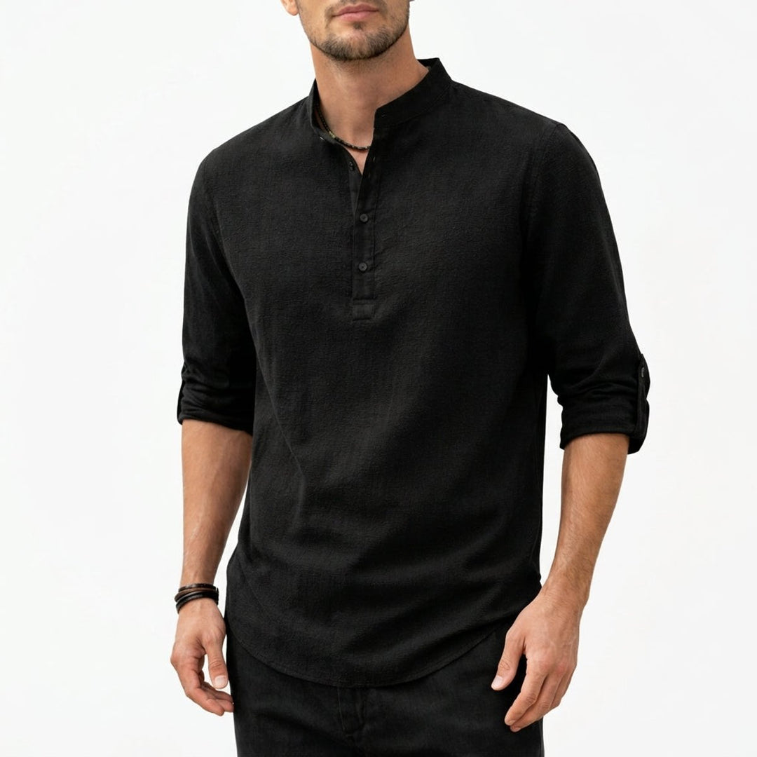 Men's Linen Henley Long-Sleeve Grandad Collar Shirt