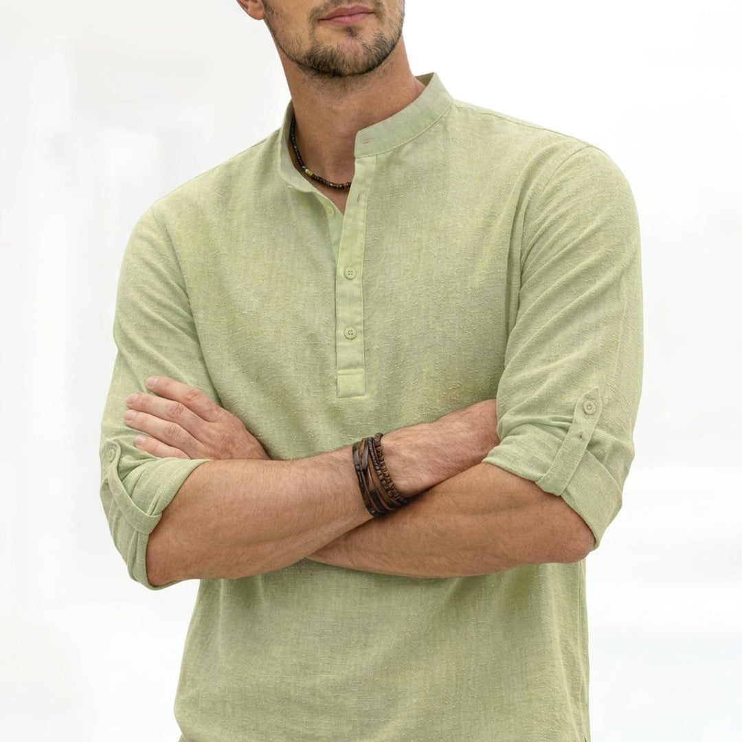 Men's Linen Henley Long-Sleeve Grandad Collar Shirt
