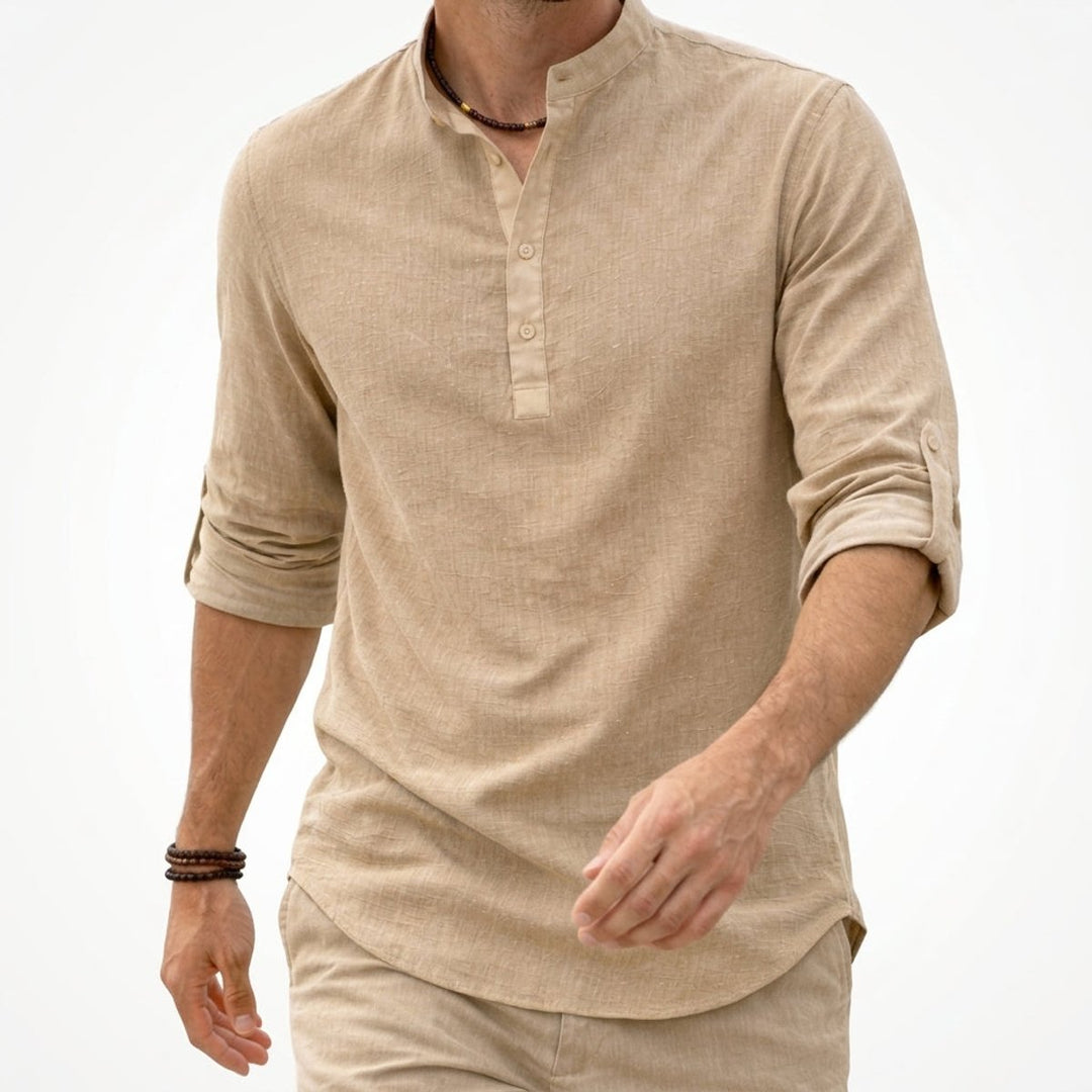 Men's Linen Henley Long-Sleeve Grandad Collar Shirt