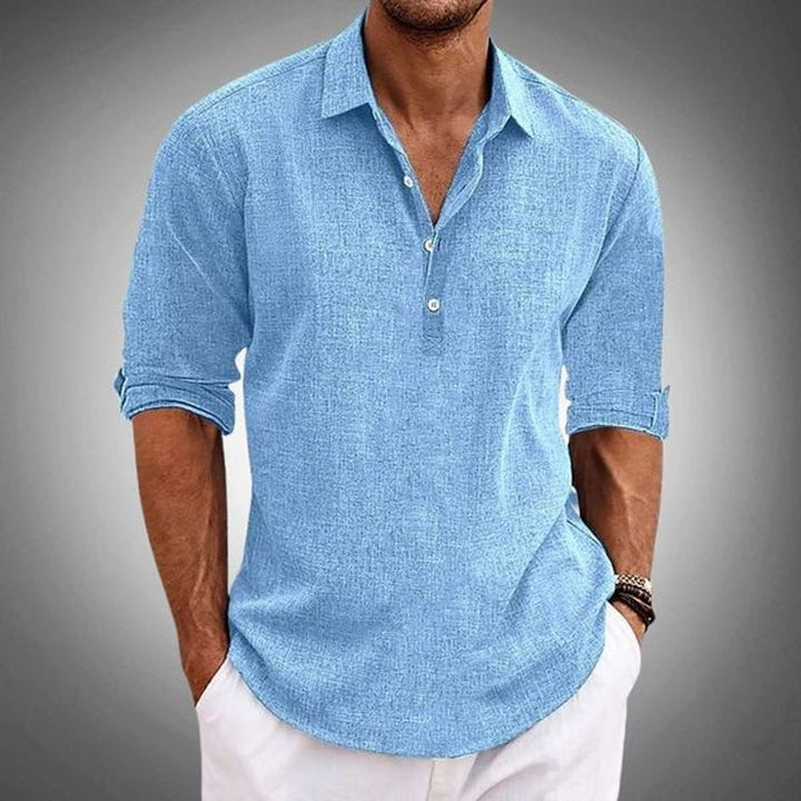 Men's Linen Henley Long-Sleeve Relaxed-Fit Polo Shirt