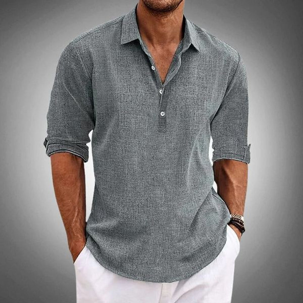 Men's Linen Henley Long-Sleeve Relaxed-Fit Polo Shirt