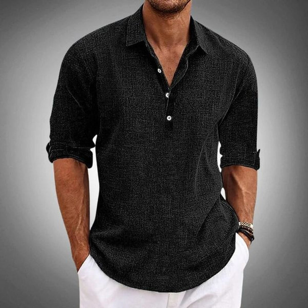Men's Linen Henley Long-Sleeve Relaxed-Fit Polo Shirt
