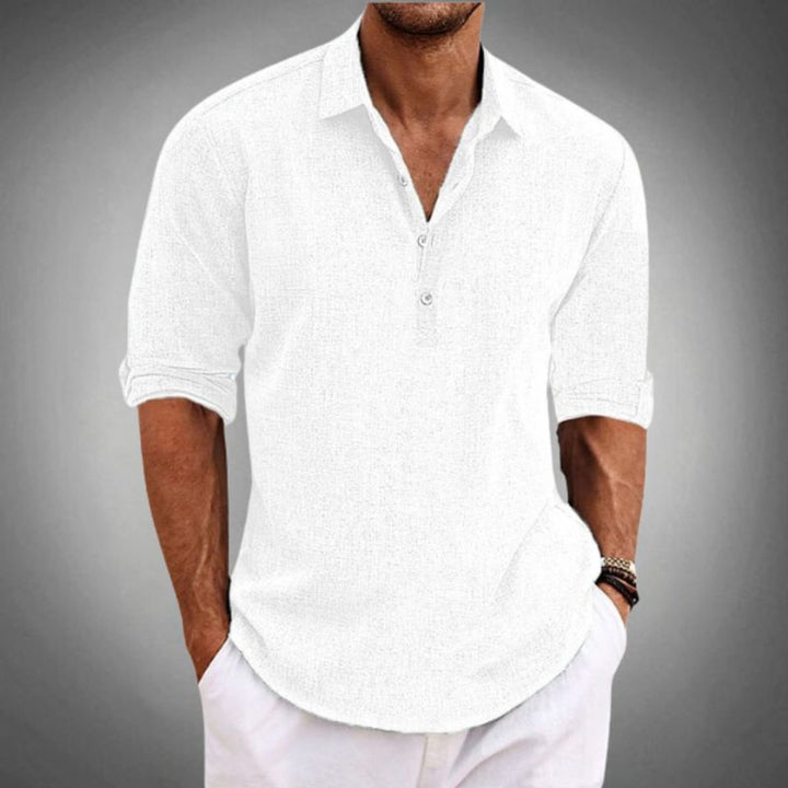 Men's Linen Henley Long-Sleeve Relaxed-Fit Polo Shirt